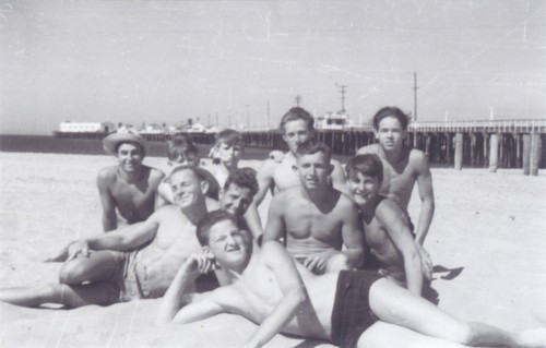 Rear- Harry Mayo, Jasper Ayers, unidentified, Lloyd Ragon, James Alumbauch. Front- Dave "Count" Littlefield, Don Patterson, Bob Gillies, Harry Murray. In front- Bill Lidderdale at Cowell Beach