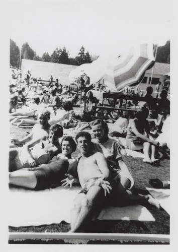 Pete Muttersbach, unidentified, Penny Farmsworth, John Durcan, unidentified, Phyllis Cole at Forest Pool by Boulder Creek