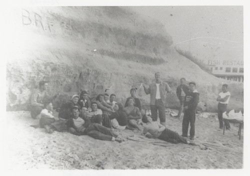 Eugene "Jeep" Allen, Blake Turner, Bob Sutter, Jane Fairchild, Shirley Templeman, P. B. "Smitty" Smith. Claude "Duke" Horan, Pat Collings, Emmit Thompson, Bill Grace, Marion Frykland, Lloyd Ragon, Harry Murray, Fred Hunt, unidentified, Jimmy Steward, Harry