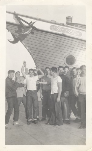 Bob Gillies, Chet Mayo, Harry Mayo, Blake Turner, Terrence Hickey, Sam Maugeri, Frank "Weeg" Knowles, Bill Lidderdale, Bob Rittenhouse, James Henniger, Dave "Count" Littlefield in front of the S.S. Santa Cruz