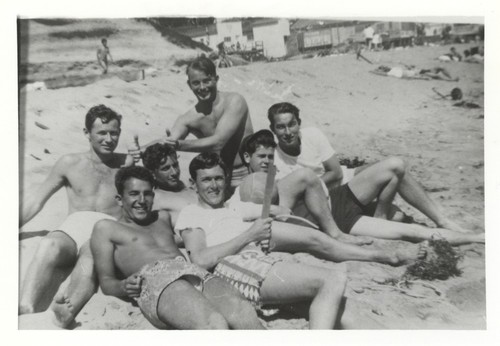 Rear- Bill Grace, Bob Gillies, Rich Thompson, James Alumbaugh, Duane Polly. Front- Harry Mayo, Art Beard at Cowell Beach