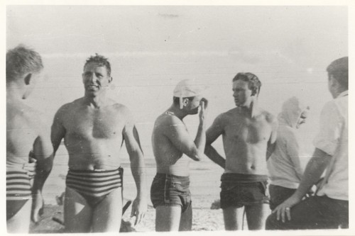 Ragon ?, Don Patterson, Charley Frans, E. J. Oshier, P. B. Smith (Smitty), Sam, Maugeri at Cowell Beach