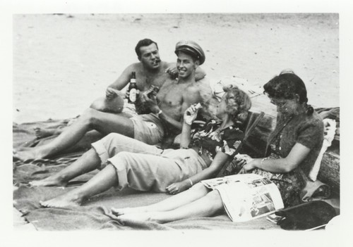 Claude "Duke" Horan, Dick "Andy" Anderson, Margie, & Ruthadell - San Jose State people - at Cowell Beach