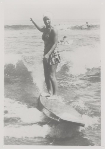 Shirley Templeman surfing at Cowell Beach