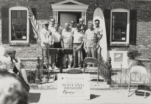 1986 Santa Cruz Surfing Club reunion attendees: Alex "Pinky" Pedemonte, James Alumbaugh, Sam Maugeri, Dave "Buster" Steward, Bob Gillies, Bill Grace, Harold Goody, Rich Thompson, Harry Mayo