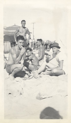 Earl Conrad, "Jeep", James Steward, Blake Turner at Cowell Beach