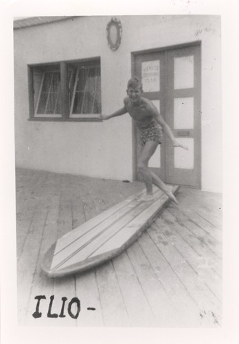 Bob "Ilio Dog" Campbell, San Jose State student [in front of Venice Surfing Club]