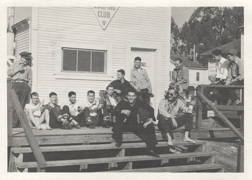 New Years Day 1944 (back row) Levy & Dibble (naval aviators), unidentified, Dave Ledyard, Bill Wilder, Ernest Polly, Ted Schultz, Blake Turner, Bill Lidderdale, James Henniger, Sonny MacGregor, Bob Rittenhouse. (Front row) Harry Mayo and Leroy Gates (naval aviator)