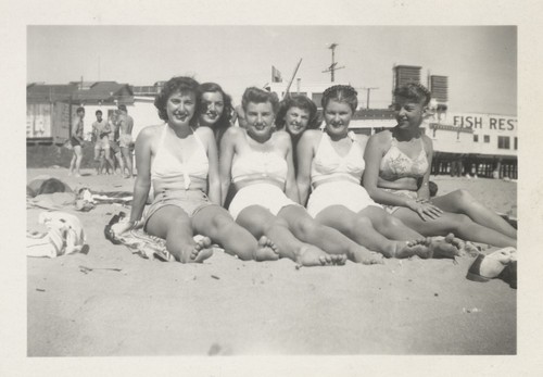 Joyce Riordan, Sally Coen, Carol Stanley, Joan Harris, Betty Frapwell, Edie Gates at Cowell Beach