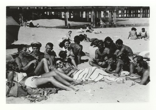 Dick "Andy" Anderson, Claude "Duke" Horan, Rich Thompson, Sally Coen, Dave "Count" Littlefield, unidentified, Bob Gillies, Bill Grace, Ted Schultz, Duane Polly at Cowell Beach