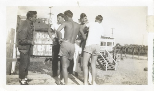 Facing- Bob Gillies, Terrence Hickey, Bob Rittenhouse. Back to camera- Harold Goody, Ed Smith at Cowell Beach