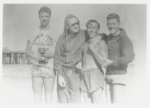 Alex Hokamp, E. J. Oshier, Claude "Duke" Horan, Lee Sparrow at Cowell Beach