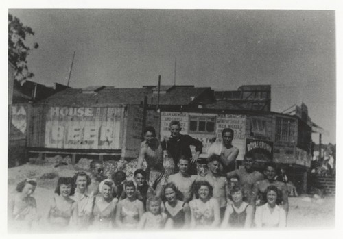 Front- Marion Frykland, Betty Eaton, Betty Frapwell, Carol Stanley, Joan Harris, Beverly Graham, Helen Graham, Sally Coen, Barbara Pattee, Carol Wood. Middle- two unidentified, Chuck Lewis. Rod Atchison, Bill Lidderdale, Dave Sachau, Harry Mayo. Rear row-