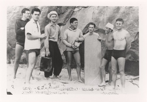 Unidentified surfer, Gob, E. J. Sparrow, Archie, Duke, Windsor at Cowell Beach