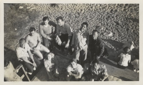 Bob Rittenhouse, Dave Littlefield, Tommy Roussel, Dee O'Laughlin, unidentified man, Jerry Owens, Harold Goody, Harriet McBain, Jim Taylor, Harry Mayo at Cowell Beach