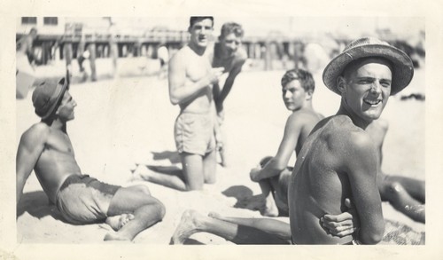 Harry Mayo, Norm "Count" Hanley, Fred Hunt, Harry Murray, Jack Moore on Cowell Beach