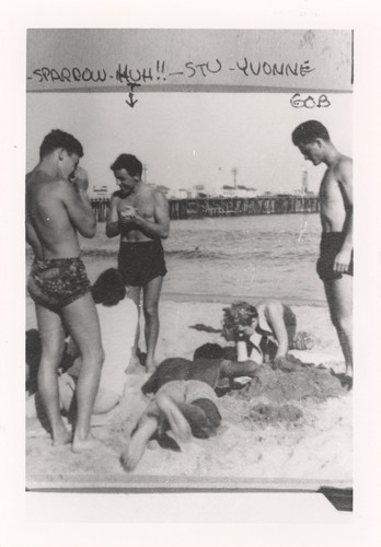 Betty, Sparrow, Duke, Stu, Yvonne, Gob - San Jose State guys at Cowell Beach