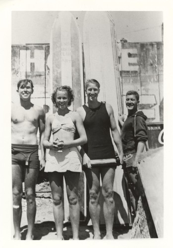 Jeep Allen, Patt Collings, Fred Hunt, Lee Sparrow at Cowell Beach