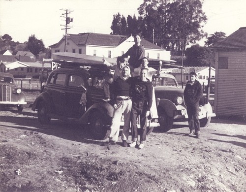 Charley Frans, Rich Thompson, - front. Dave "Buster" Steward, Claude "Duke" Horan, - middle. E. J. Oshier, Harry Mayo, - rear at Cowell Beach