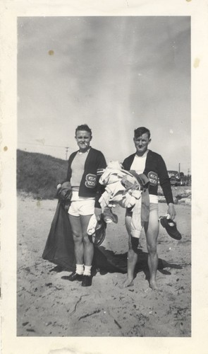 Jack Windsor and unidentified in San Jose State jackets on Cowell Beach