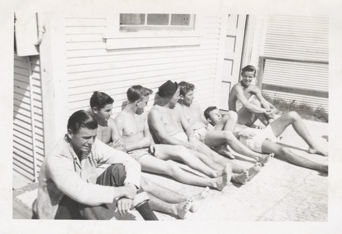 Tommy George, Jerry Owens, Ed Smith, Rich Thompson, Bob Gillies, Frank Knowles, and Leon Williams at clubhouse