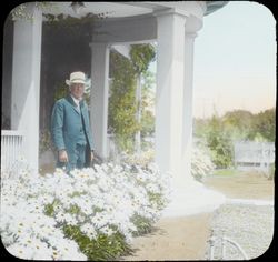 Luther Burbank on porch of Tupper Street house, photographed between 1906 and 1915