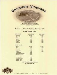 Branger Vineyard wine price list, Bennett Valley, California