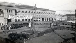 Sonoma County Fair publicity banner next to the San Francisco Public Library, July(?) 1938