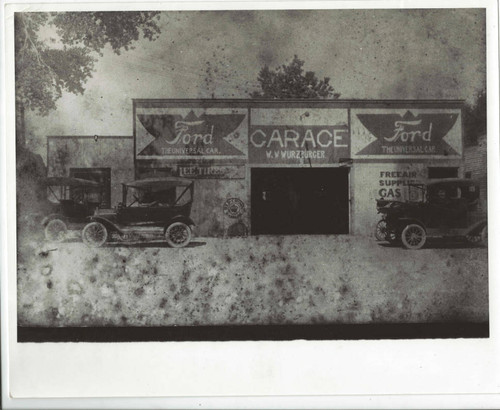 Exterior of Ford Garage with Three Cars, Lancaster, California, circa 1915