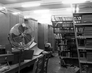 Leaning bookshelves at the Central Branch