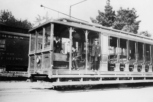 Conductors and passengers on streetcar No. 2 of the Union Traction Company on Beach Street