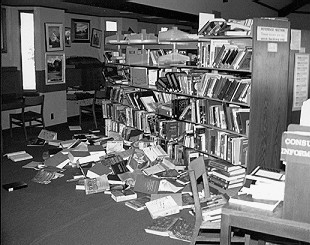 Books on the floor at the Aptos library