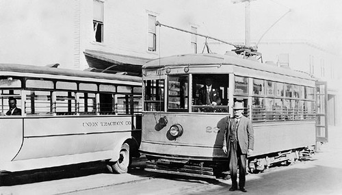 Santa Cruz Mayor John Maher with Birney safety car No. 23 and Mack bus No. 1 of the Union Traction Company