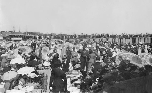 Crowds gathered on the beach by the Santa Cruz Boardwalk