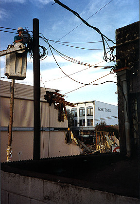 Repairing power lines in downtown Santa Cruz