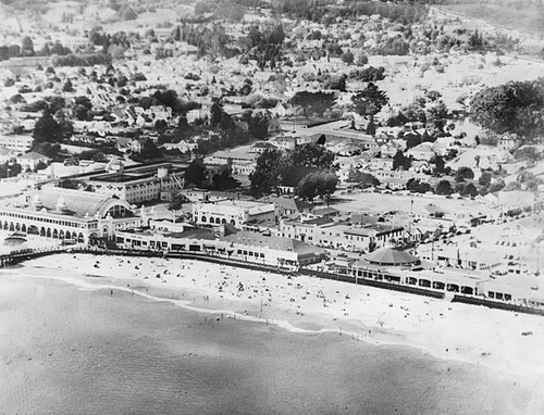 Aerial view of the Santa Cruz Beach Boardwalk, Casa del Rey, and Beach Flats neighborhood