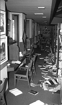 Fallen books in the Aptos library