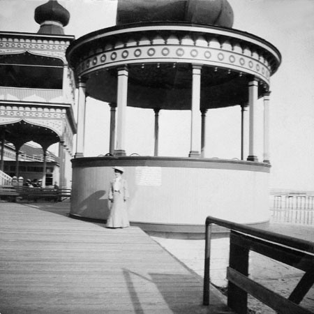 Helen Moore in front of the Boardwalk bandstand