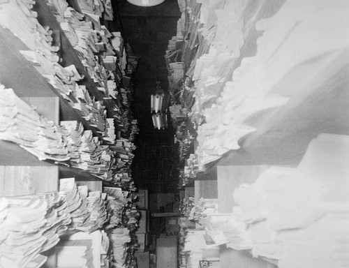 Newspaper stacks in the basement of the Santa Cruz Carnegie (Main) Library