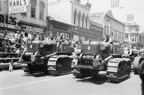 Tractors in a parade down Main Street, Watsonville