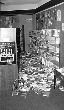 Books on the floor at the Aptos library