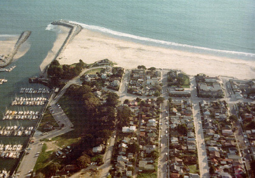 Aerial view of the mouth of the Santa Cruz Yacht Harbor and surrounding area