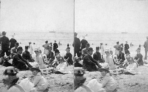 Group watching swimmers and a sailing ship