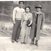 Tosh Asano with Parents Mary and Tom Asano at Heart Mountain Camp