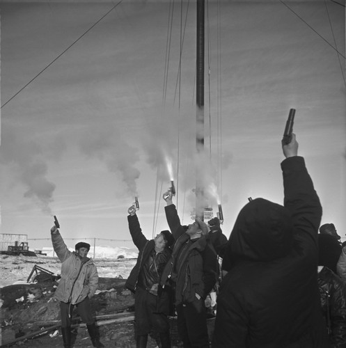 Signal pistol fireworks for the 11th anniversary celebration of the official opening of Mirny Station