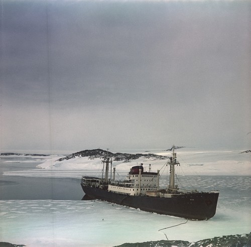 Research ship Ob filling its fresh water tanks from a small frozen coastal lake