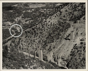 Canyon of Middle Fork bridge - old bridge is circled, and new bridge under construction is in foreground