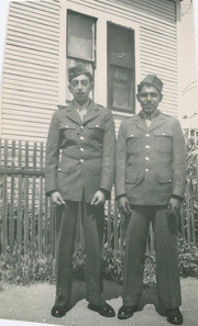 Rudolph Estrada and Manuel Vicua in their Army uniforms, East Los Angeles, California