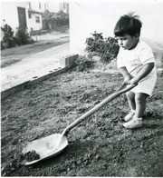 Tom Martinez with a shovel, East Los Angeles, California