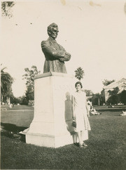 Monica Hernandez in front of the Lincoln the Lawyer statue in Lincoln Park, Los Angeles, California